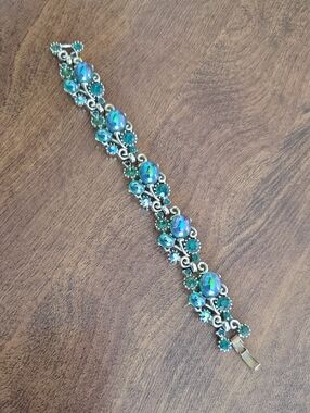 Iridescent Teal and Green Stone Silver-Tone Bracelet